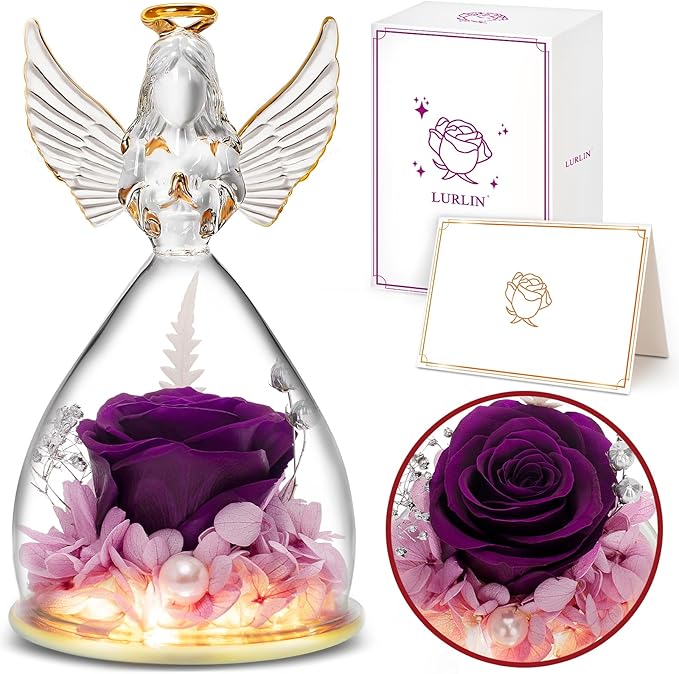 LURLIN Birthday Rose Gifts for Women, Preserved Flowers & LED Angel Figurines for Mom, Grandma, Wife, Friend, Teacher, Nurse & Anniversary Day Girls