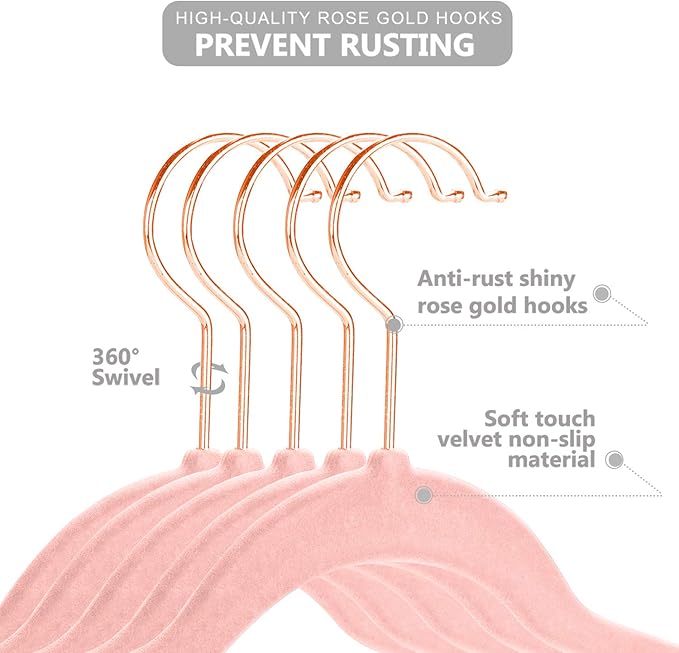 MIZGI Premium Kids Velvet Hangers (Pack of 50) with Copper/Rose Gold Hooks,Space Saving Ultra Thin,Non Slip Baby Hangers for Children's Skirt Dress Pants,Clothes Hangers(Blush Pink)