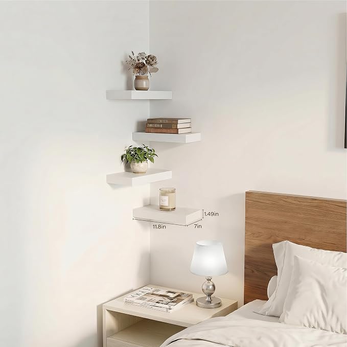 White Floating Shelves for Wall Set of 4, 11.8 Inch Small Wall Shelves for Bathroom Over Toilet, Kitchen & Bedroom Storage, Wall Mounted Shelf System for Decor, Books & Toiletries