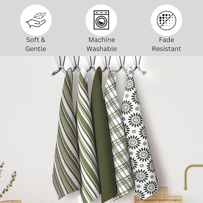 Assorted Kitchen Towels 16x26 Inch 100% Cotton Set of 5 - Dish Cloths Towels with Hanging Loop - Soft Absorbent Washable Tea Towel for Kitchen - Quick Drying Dish Towel Green