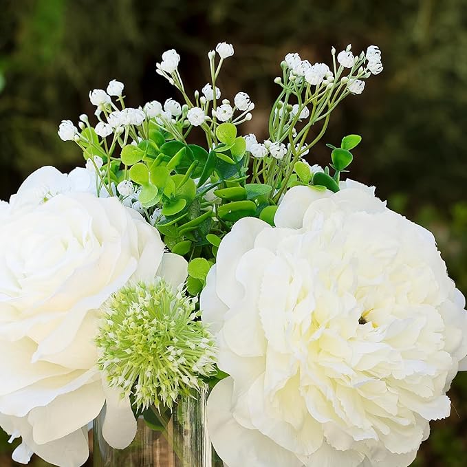 ENOVA FLORAL Artificial Rose Flowers in Vase, Mixed White Rose and Silk Peonies in Vase with Faux Water for Dining Table Centerpieces, Home Decor Indoor (FL-158-Cream)