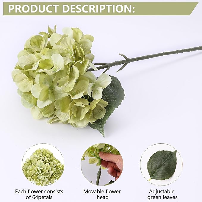 4 Pcs Long Stem Big Size Artificial Hydrangea Flowers for Home Wedding Decor, Party Centerpieces, Office Decoration,Shower (Lime Green)
