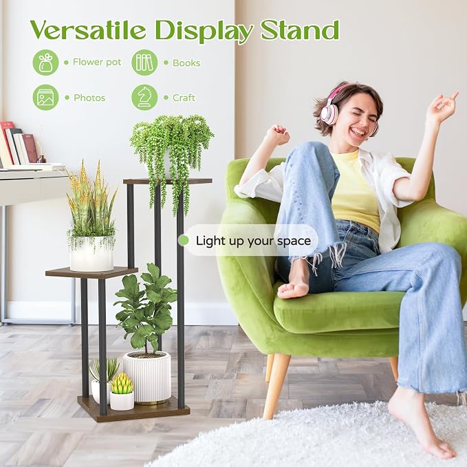 Oppro 3 Tier Plant Stand Indoor Outdoor, Wood Metal Flower Shelf Pot Holder Clearance, Tall Multiple Plants Corner Rack Aesthetic Organizer for Patio Orchid Office Porch Living Room Garden, Black Oak