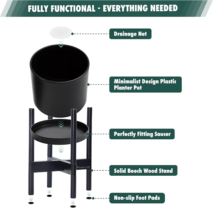 D'vine Dev Planter Pot with Stand - 10 Inch Plastic Cylinder Flower Pot with Wood Planter Holder for Indoor, Matte Black Pot + Ebony Stand, 55-C-N-2