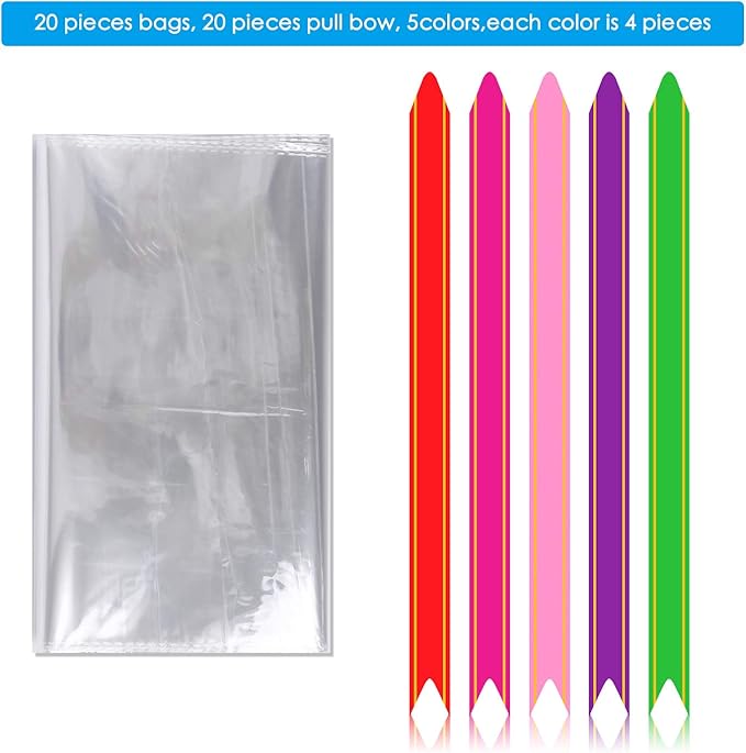Kolewo4ever 40pcs Christmas Cellophane Bags Pull Bow Set 20pcs 12x18 inches Cellophane Basket Bags Wine Bottles Cellophane Wrap with 20pcs pull bows
