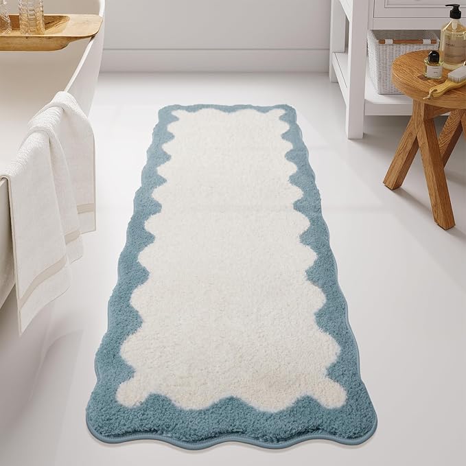 Uphome Bathroom Runner Rug, Blue Long Water Absorbent Cute Bath Mat Non Slip Washable, 24x60 Soft Irregular Shaped Shaggy Microfiber Bath Runner Rug for Floor, Bathtub, Bedroom