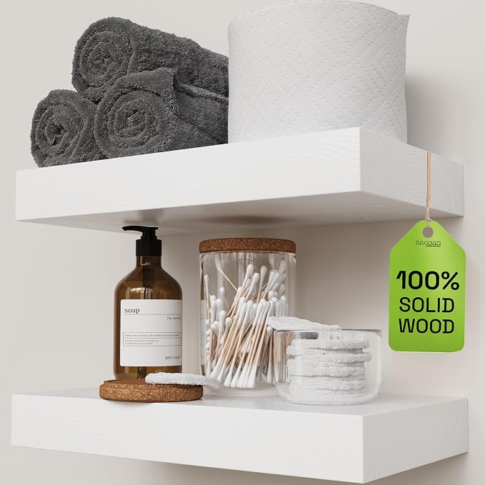 BAOBAB WORKSHOP Solid Wood Floating Shelves for Wall 12 Inch Wide, Small Wooden Shelf Bathroom Thick, White Floating Shelves for Room Wall Mounted Kitchen, White Finish, 12W × 6.7D, Set of 2