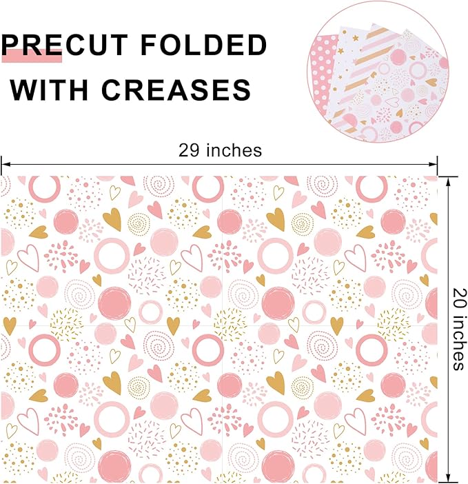 PlandRichW Birthday Wrapping Paper Folded for Girls, Women, Baby, Pink Wrapping Paper, Pink Gift Wrap for Birthday, Valentines, Christmas, Wedding, Baby Shower, Pre-cut 12 Sheets Each 20"X 29"