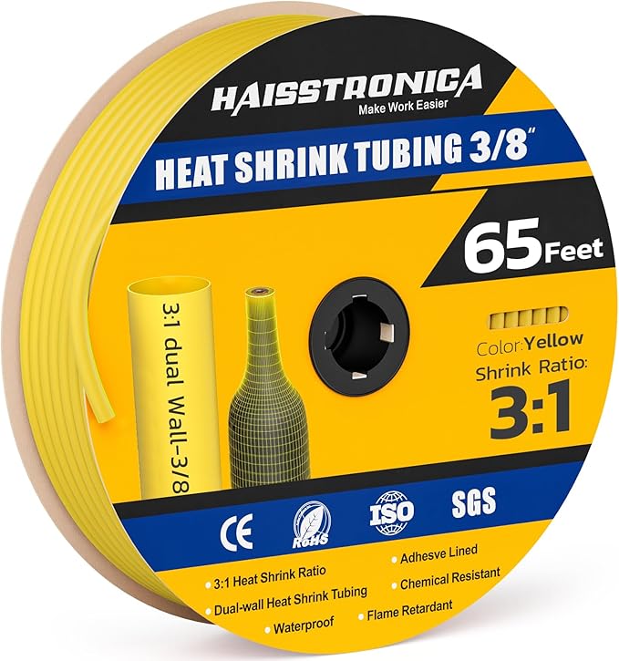 haisstronica 3:1 Heat Shrink Tubing, Shrink Ratio Adhesive Lined Marine Grade Heat Shrink Tube for Home, Automotive and Industrial (Yellow) 65FT 3/8inch