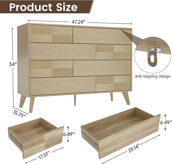 Hadulcet Wood Dressers for Bedroom 34” Tall, Large 8 Drawer Dresser TV Stand, Modern Chest of Drawers for Closet Clothes Storage Organizer with Fluted Panel, No Handles Design, Natural Oak