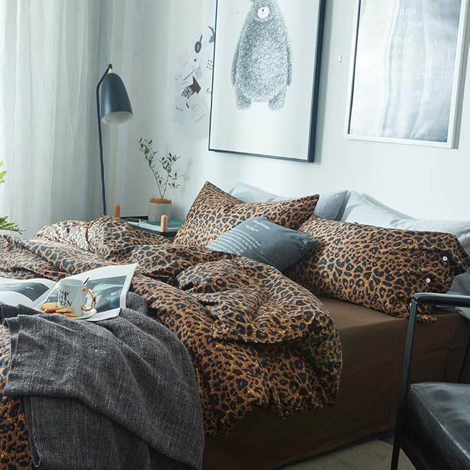 mixinni Wild Animal Print Duvet Cover Twin XL Size 100% Long Staple Cotton Sexy Leopard Print Bedding Set with Zipper Closure Ties, Perfect for Man and Woman, Ultra Soft and Easy Care, 3pcs