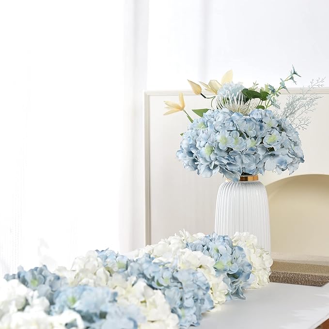 10PCS Artificial Hydrangea Flowers, Fake Hydrangea Silk Flowers Heads with Stems for Wedding Home Party Shop Baby Shower Decoration-Light Blue
