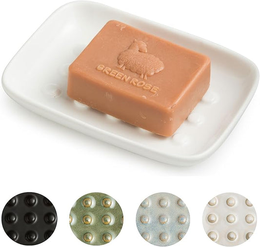 Miamolo Soap Dish, Ceramic Soap Holder Shower Soap Dish for Bar Soap Sponge, Soap Saver Tray for Bathroom Kitchen Sink, White
