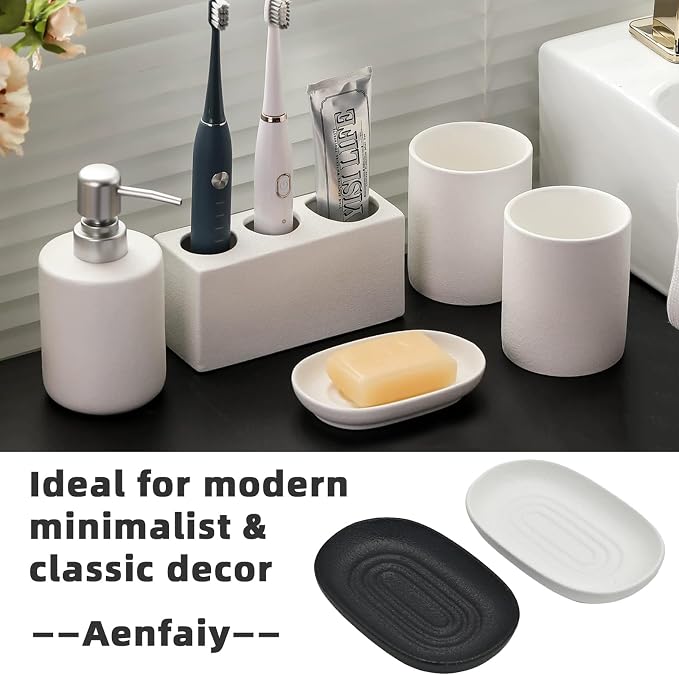 Ceramic Soap Dishes for Bar Soap- Matte White Textured Finish Bar Soap Holder for Bathroom Kitchen Sink & Shower - Easy to Clean Simple Oval Soap Dish Soap Tray for Soap Bars, Sponges, Jewelry
