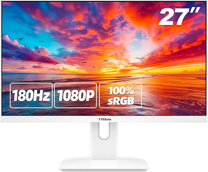 27” White Monitor, FHD (1920x1080P) 180Hz 100% sRG Computer Monitors，IPS Panel, 3Sides Frameless, Flicker-Less,Blue Light Filter, for Office & Gaming (DP,HDMI)