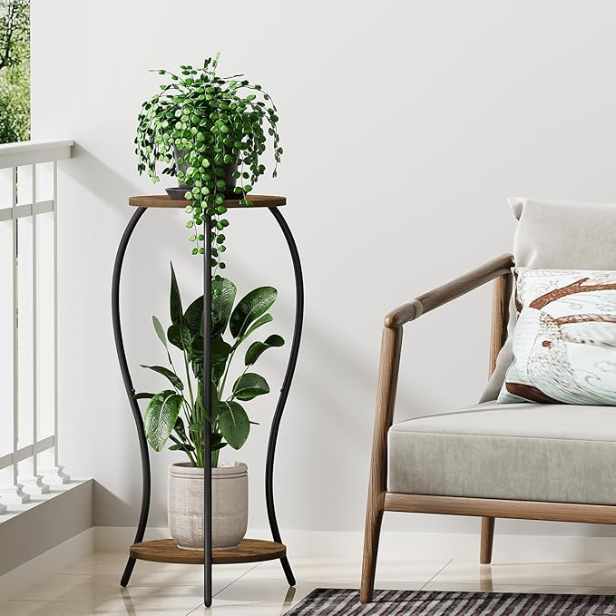Plant Stand Indoor, 2 Tier Round Tall Plant Stand, Flower Pot Stand, Plant Shelf Rack, Corner Plant Stand for Planter Garden Balcony Patio Living Room, Retro