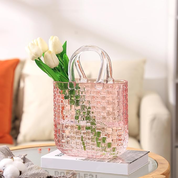 Glass Purse Vase for Flowers, Pink Purse Flower Vase, Large Glass Bag Vases, 10 Inch Handbag Shaped Vases for Home, Living Room, Bedroom, Table, Office Decor