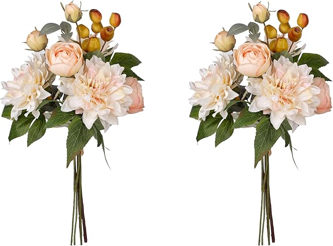 2Pcs Artificial Flower Bouquets Decoration, Faux Floral Arrangement Table Centerpiece Home Farmhouse Indoor Decor, Wedding Bride Bouquet, Mixed Fake Flower Picks for Vase/Pot (Cream/Blush/Green)