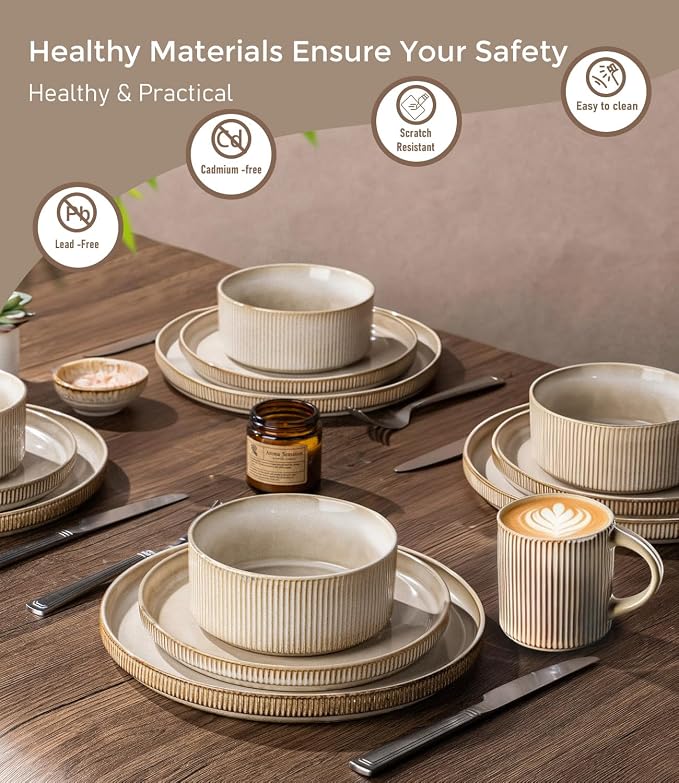 GBHOME 12-Piece Stoneware Dinnerware Set for 4 – Ribbed Ceramic Plates and Bowls, Scratch-Resistant, Microwave & Dishwasher Safe, Reactive Glaze, Cappuccino