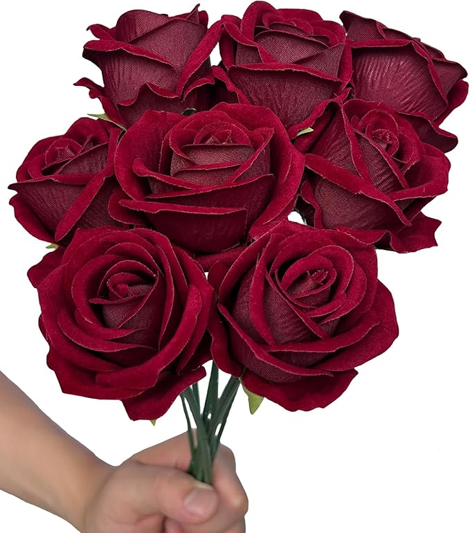 FagusHome 30 Pcs Silk Rose Artificial Flowers Roses Bulk Bouquet Fake Flowers Rose Heads with Stems for Home Wedding Decor (Dark Red)