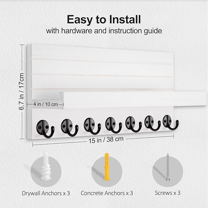 Lwenki Key Holder Wall Mount, Entryway Key and Mail Holder with 7 Sturdy Hooks for Sunglasses, Dog Leash, Decorative Wall Shelf with Mounting Hardware, 15”W x 6.7”H x 4.2”D (White)