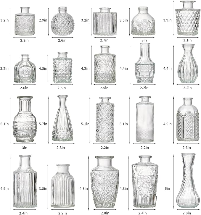 Glass Bud Vase Set of 30 - Small Vases for Flowers in Bulk - Assorted Vintage Crystal Vases for Flowers, Table Centerpieces (Clear, 30 Pcs)