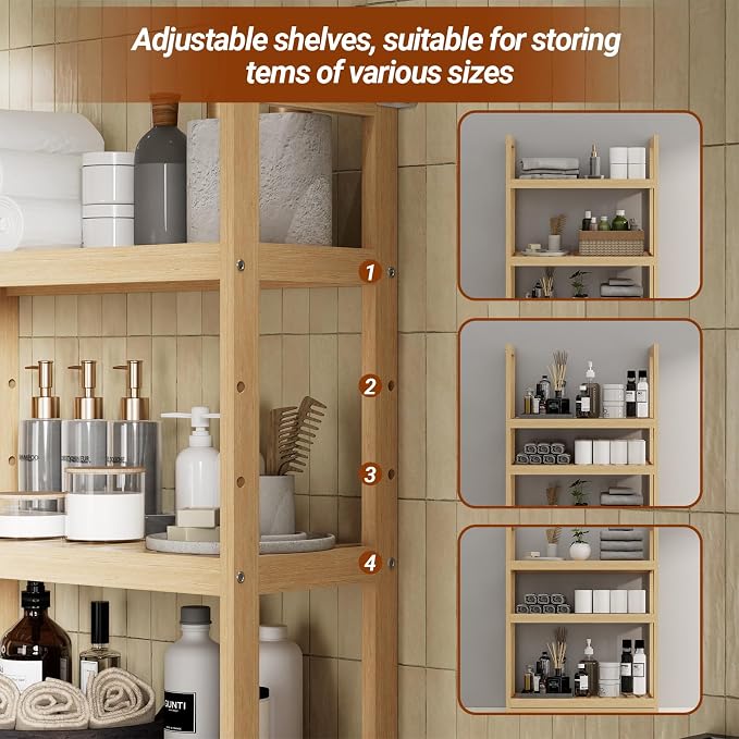 Over the Toilet Shelf, 3-Tier Over Toilet Storage Cabinet with Adjustable Shelves and 4 Hooks, Freestanding Wood Bathroom Organizer Space Saver for Small Bathrooms, Oak