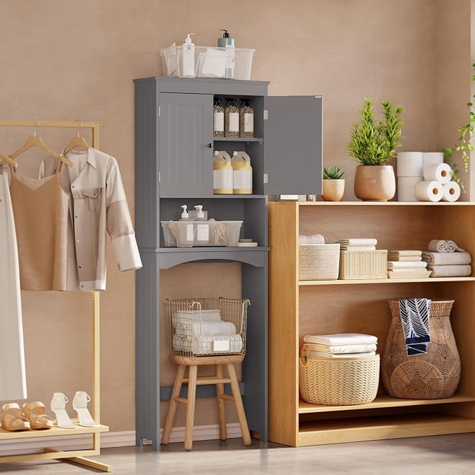 Gizoon Over The Toilet Storage Cabinet with Adjustable Shelf and Double Doors, Bathroom Space Saver Organizer Above Toilet with Open Shelf, Taller Wooden Free Standing Toilet Rack -Grey