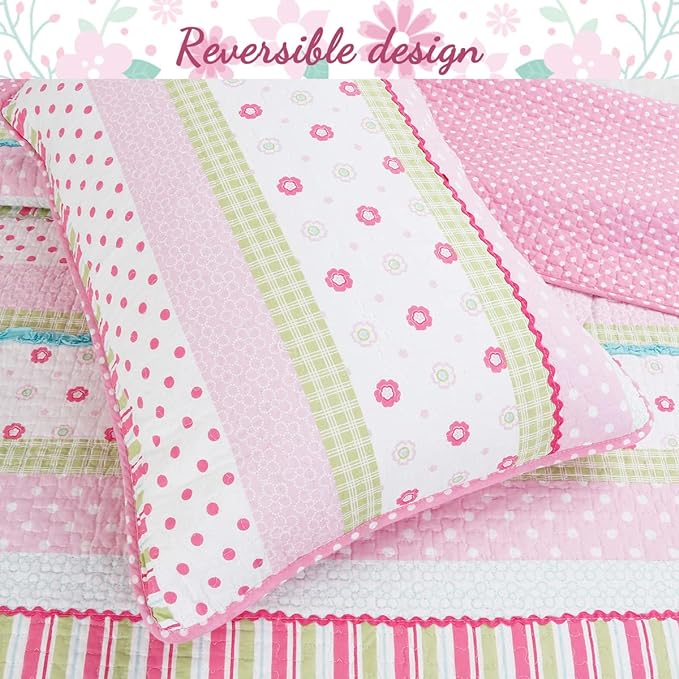 Cozy Line Home Fashions Pink Greta Pastel Polka Dot Flower Girl 100% Cotton Reversible Quilt Bedding Set, Coverlet, Bedspread (Greta Pastel, Twin - 5 Piece: 1 Quilt + 1 Sham + 3 Decor Pillows)