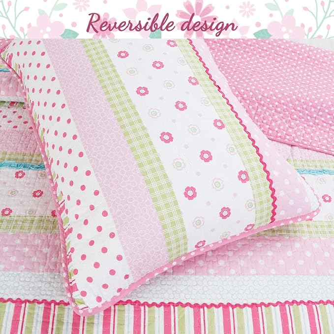 Cozy Line Home Fashions Pink Ruffle Flowers Polka Dot Girl 100% Cotton Reversible Quilt Bedding Set, Coverlet, Bedspread for All Seasons (Twin - 5 Piece)