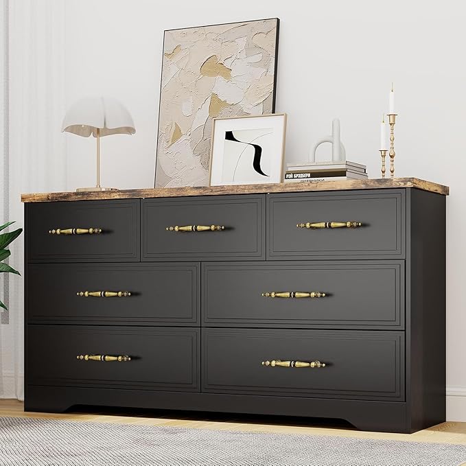 SIDUCAL Black Dresser for Bedroom, 7 Drawer Dresser with Vintage Handles, 59" Wide Wooden Vintage Dressers, TV Stand, Modern Dressers & Chests of Drawers for Hallyway, Entryway