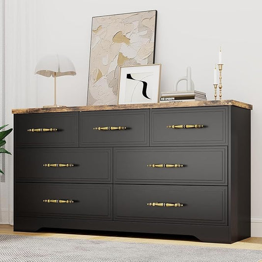 SIDUCAL Black Dresser for Bedroom, 7 Drawer Dresser with Vintage Handles, 59" Wide Wooden Vintage Dressers, TV Stand, Modern Dressers & Chests of Drawers for Hallyway, Entryway