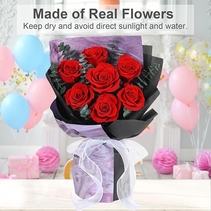 Preserved Flowers Bouquets 7 Roses, Long-Lasting Flower with Gift Box, Real Forever Flower Gifts for Delivery Women Wife Mom Friend on Anniversary Birthday Wedding (Red Roses)