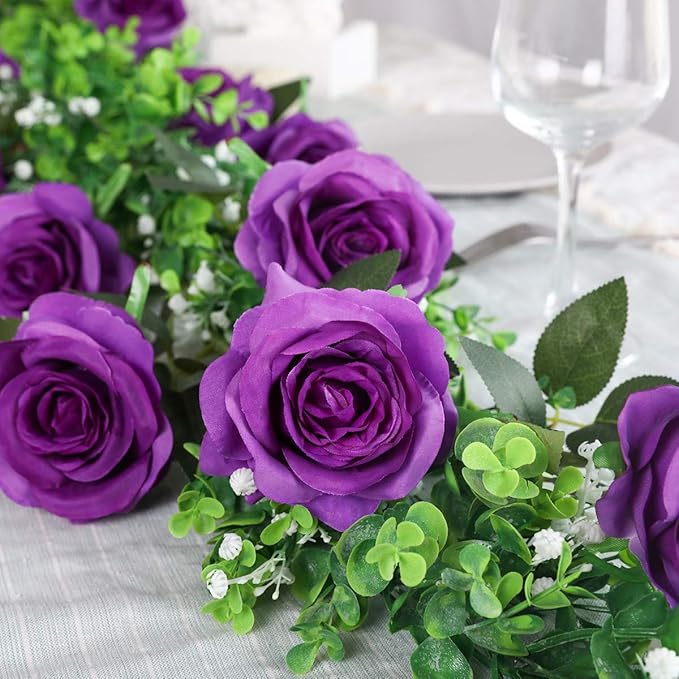 Kisflower 12Pcs Roses Artificial Flowers Purple Flowers Realistic Single Stem Flowers Silk Rose Bouquet for Wedding Party Office Home Decor (Purple)