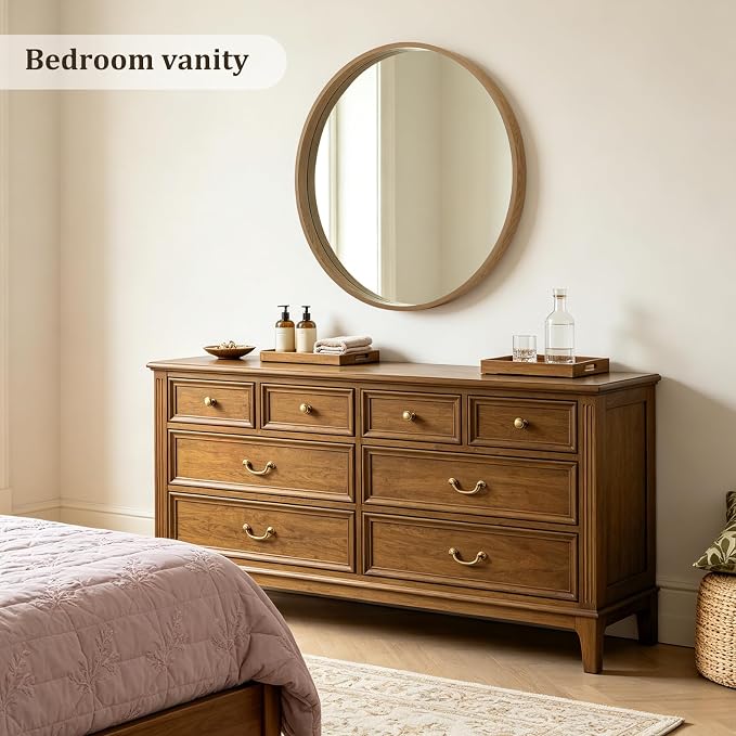 WallBeyond 36 Inch Natural Round Wood Mirror, Large Circle Wooden Frame Wall Mirror for Bathroom, Living Room, Bedroom, Entryway