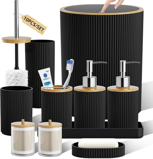 10PC Bathroom Accessories Set - Black and Wooden Bathroom Sets, Bathroom Accessory Set with Pop Up Trash Can, Toilet Brush, Trash Can, Qtip Holder & Soap Dispenser