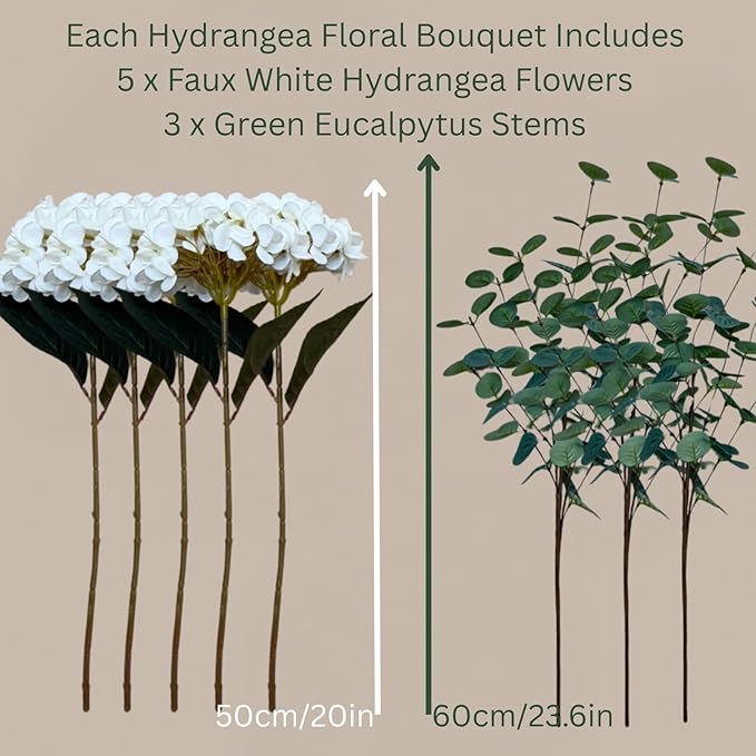 Real Touch White Faux Hydrangea And Eucalyptus Arrangement, Faux Floral Arrangements, Hyper Realistic Artificial Flowers, White Centerpieces For Kitchen Dining Coffee Table Decor, 5 Heads + Greenery