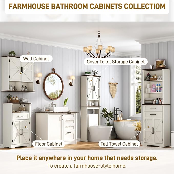 Farmhouse Bathroom Storage Cabinet,Double Wooden Bathroom Wall Cabinet with Roman Column Decor, Farmhouse Medicine Cabinets w Barn Doors,Storage Cabinets Wall Mounted for Kitchen(Rustic White)