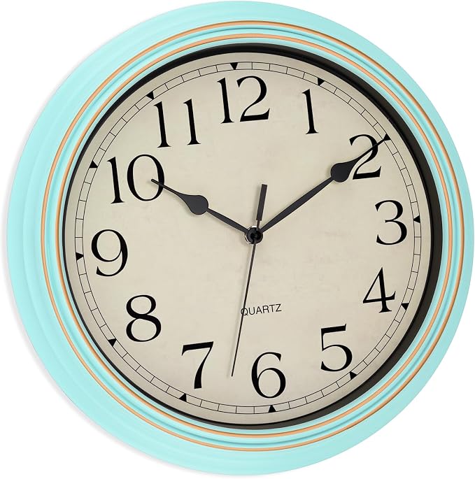 Foxtop 14 Inch Wall Clock Battery Operated Silent Non-Ticking Round Classic Vintage Retro Wall Clock Decorative for Living Room Kitchen Home Office (Light Turquoise)