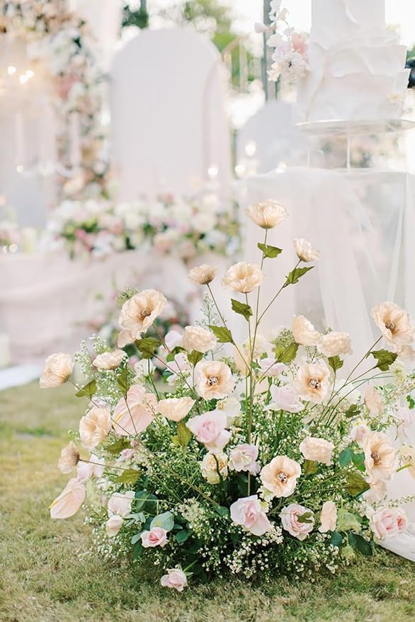 30 Heads Poppy Artificial Flowers 6 PCS Silk Flowers 32 in Poppy Flowers Champagne Flowers for Wedding Home Party Table Centerpiece Arrangement Decoration (Champagne)