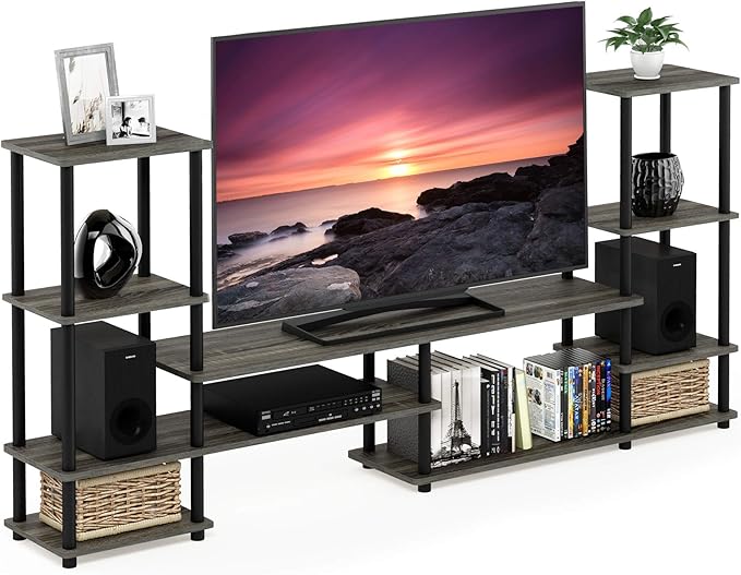 Furinno TURN-N-TUBE TV Stand, Wide Open Frame Entertainment Center with Open Shelves Storage, TV Console with Tall Side Shelves for TV up to 48 Inch, for Living Room, Bedroom, French Oak