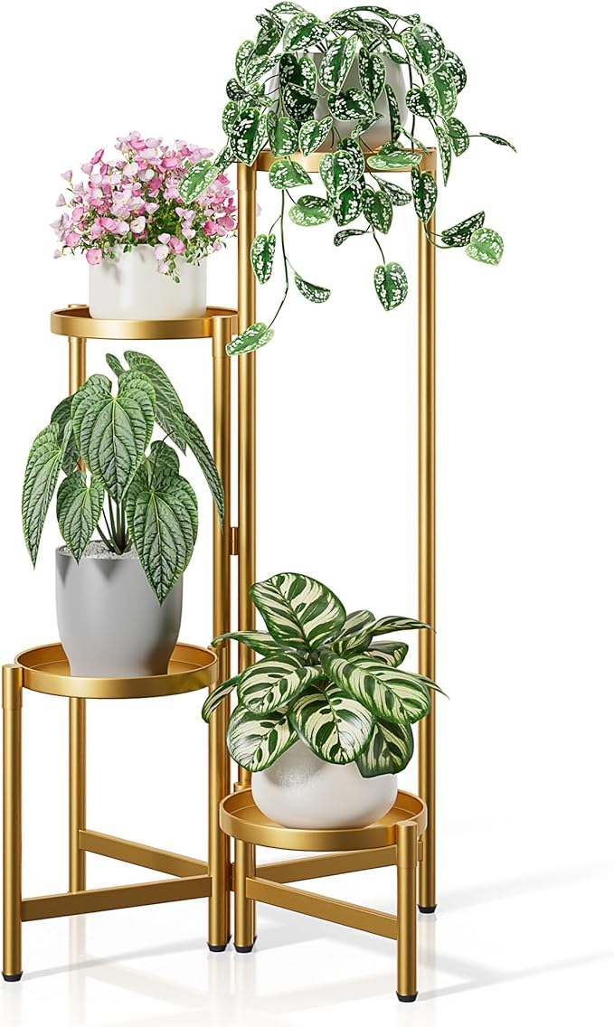 Gold Plant Stand, 4 Tiered Plant Stand Indoor for Multiple Large Planter, Tall Heavy Duty Adjustable Folding Rack with Rustproof 7.9 Inch Wide Tray, Plant Shelf for Corner - GoldDisk