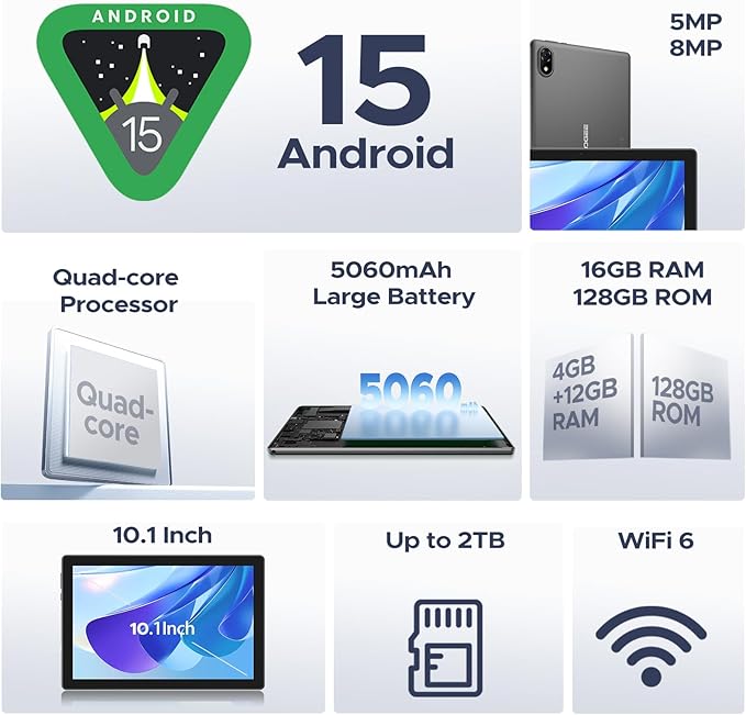 DOOGEE U10 10 inch Tablet with Keyboard, Android 15 Tablet 16GB+128GB/2TB Expand, 2.0GHz Quad Core Gaming Tablets,5060mAh,1280x800 IPS HD Touchscreen,WiFi 6,Dual Camera,BT5.0,Widevine L1,Purple