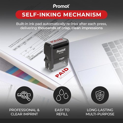 Promot Paid Stamp - Self-Inking Office Stamp with Check Number & Date | Red Ink Rubber Stamp