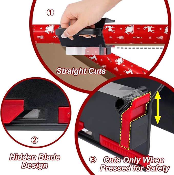 2-in-1 Wrapping Paper Cutter & Tape Dispenser, Christmas Gift Wrap Cutter Tool with 4 Tapes & Replaceable Blades, Fast Straight Cutting Tool for Holiday & Birthday Wrapping Kits