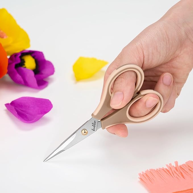 Beaditive Precision Craft Scissors - Ultra Sharp Stainless Steel Blades & Non-Slip TPR Handles - Adult & Kid Scrapbooking Scissors With Safety Cap For Home, Office, School (Milk Tea)
