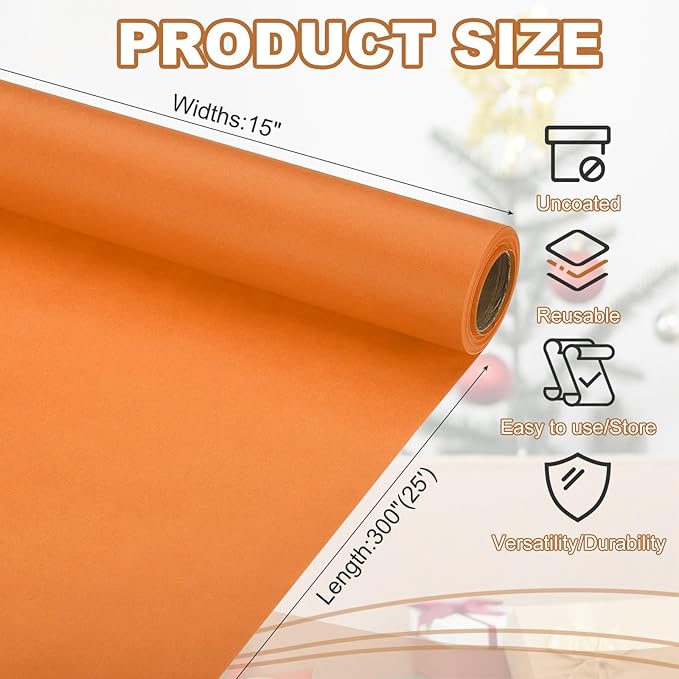 PATIKIL Wrapping Paper, 15" x 300"(25') 70 GSM Craft Paper Roll Kraft Packing Paper for Poster Bulletin Board, Gift Wrapping, Orange