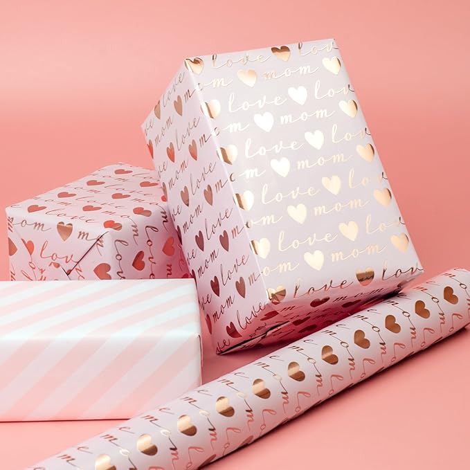 LDGOOAEL Mini Wrapping Paper Roll - Reversible Design (17 Inches X 32.8 Feet) - Love Mom for Mothers Day, Birthday, Baby Shower