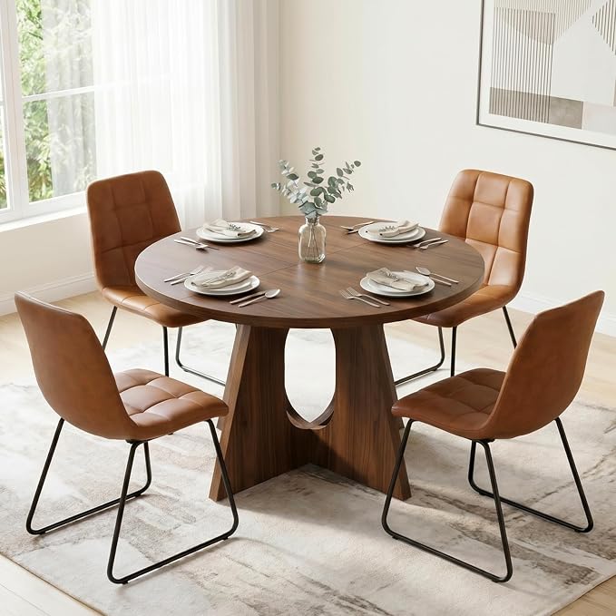 HIPIHOM Modern Round Expandable Dining Table Set for 6, 43.3"-59" Walnut Kitchen Table with 6 PU Leather Chairs, 7-Piece Mid-Century Dining Room Set