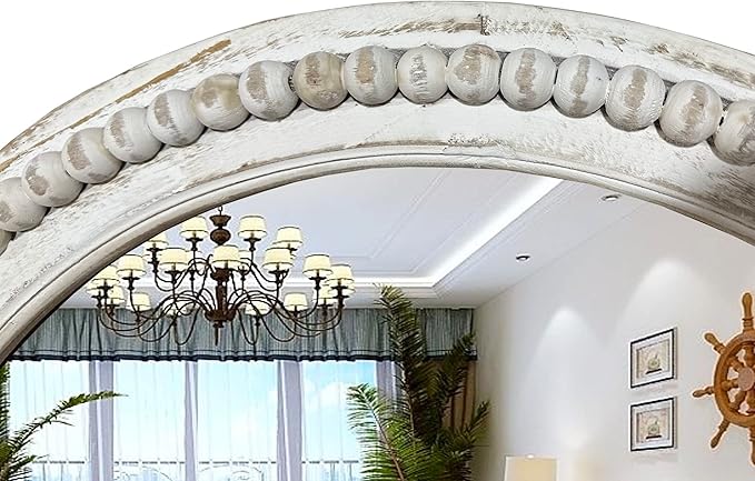 dwellington Rustic Round Wall 24 Inch Wood Circle Mirror with Beads, Decorative Farmhouse Mirror for Living Room, Bedroom, Kitchen, Entryway (White)